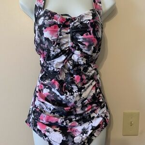 Floral Ruched One-Piece Swimsuit in Black, White & Pink